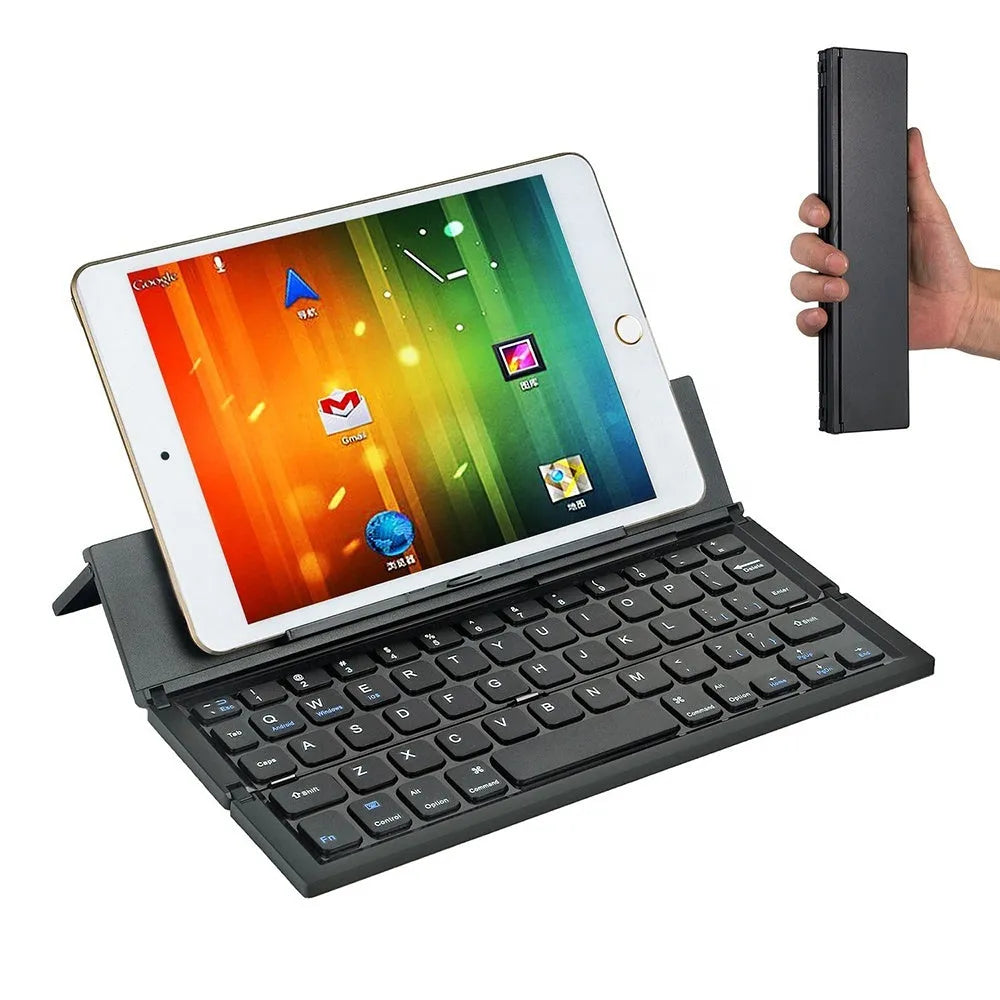 Black mini folding wireless Bluetooth keyboard for tablets with wrist support and aluminium bottom