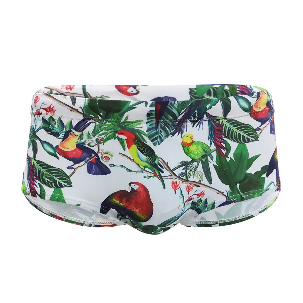 Men's flower and bird print swimming trunks in nylon boxer brief style