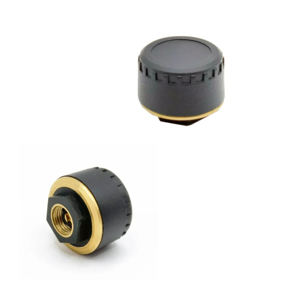 Four black Bluetooth tyre pressure monitors for mobile phone display with IP67 waterproof rating