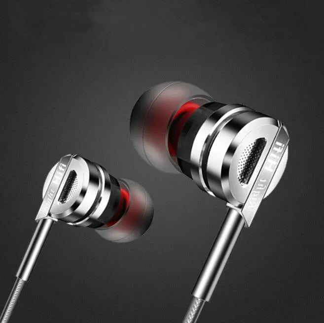 Black metal HIFI piston in-ear headphones with a 3.5mm plug and inline microphone controls.