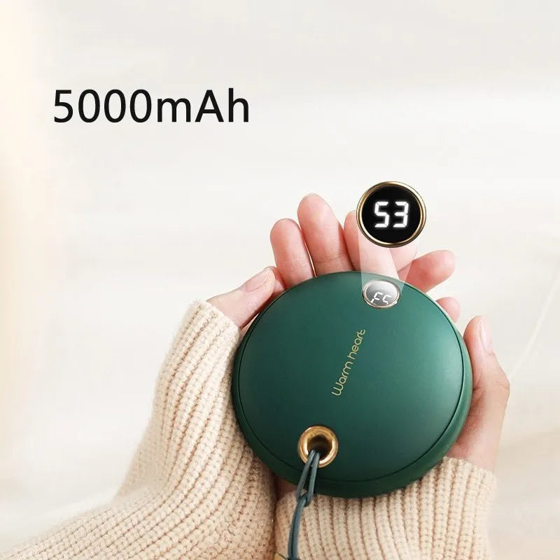 5000mAh hand warmer power bank with digital display in green, pink, or white colours