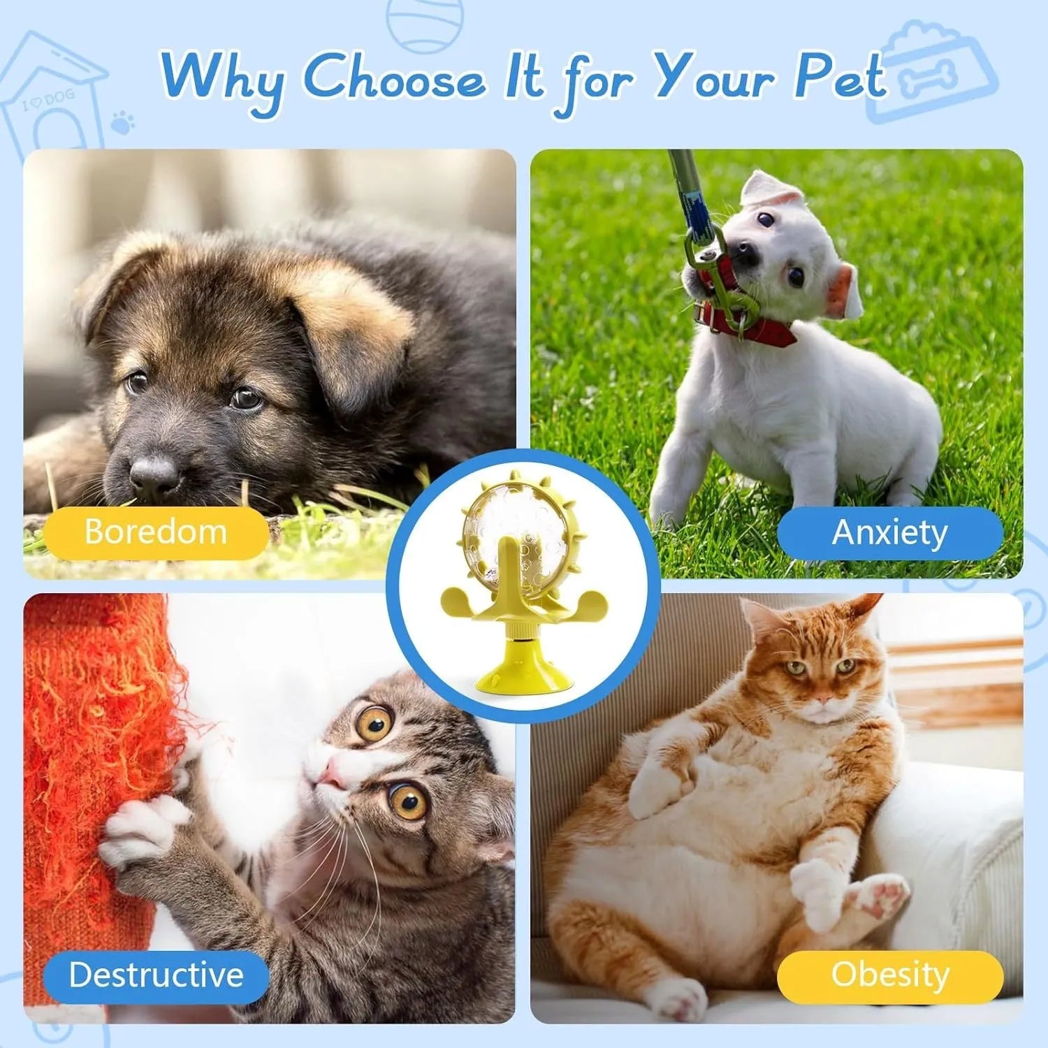 Interactive pet spinner feeder toy in blue green red yellow colours with floor sucker for cats and small dogs