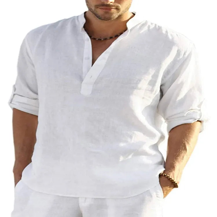 Men's casual cotton linen shirt with stand collar and button-down front in solid colour