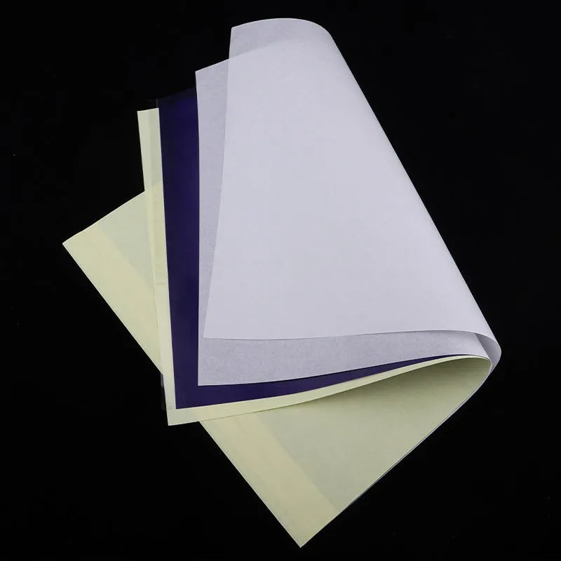 Pack of A4 quadruple copy tattoo transfer paper sheets and transfer paste gel for stencil creation.