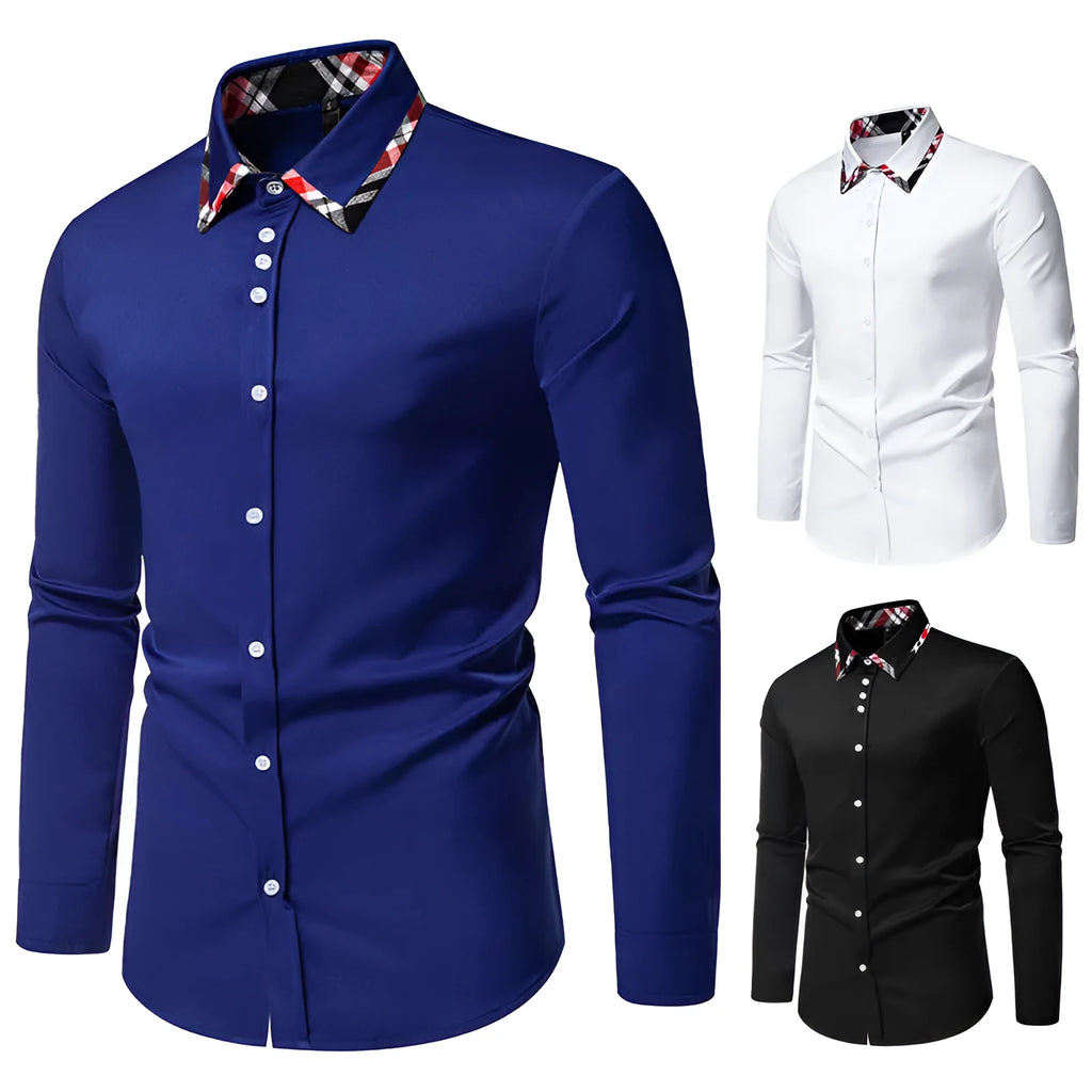 Men's plaid contrast colour triangle collar long sleeve shirt in blue, black, and white options