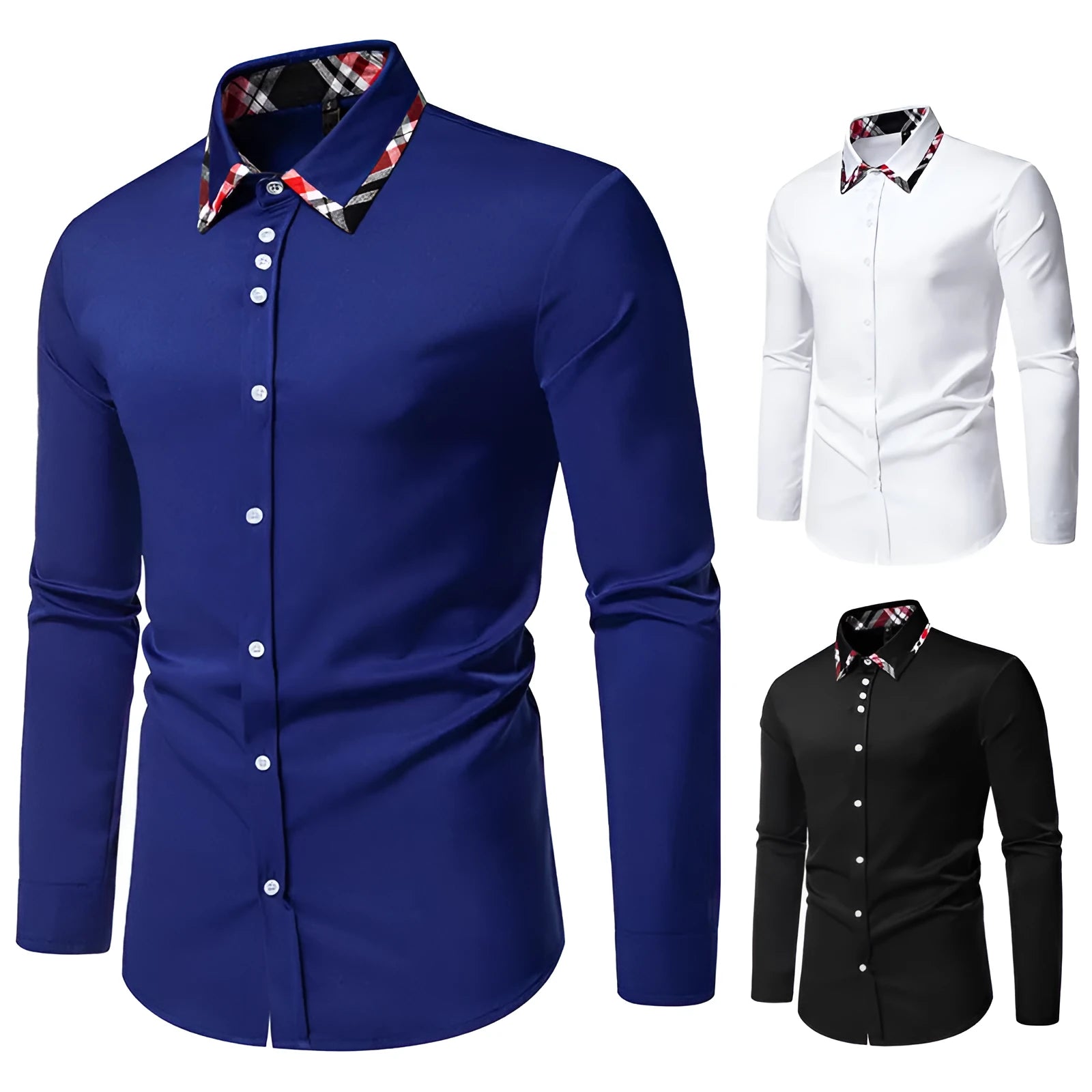 Men's plaid contrast colour triangle collar long sleeve shirt in blue, black, and white options