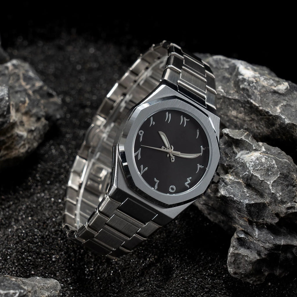Men's slim business casual watch with steel belt in black, black silver, and silver black colour options.