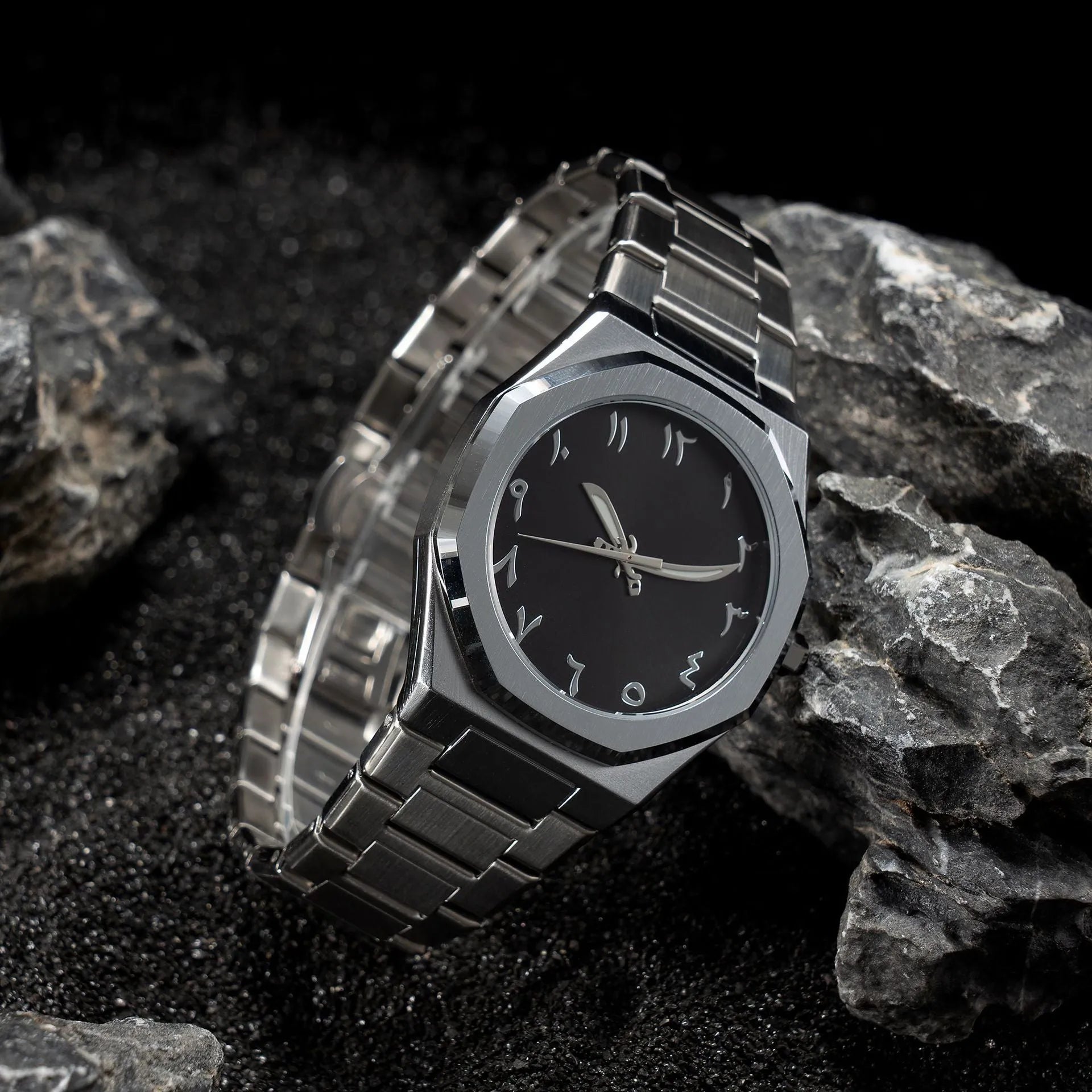 Men's slim business casual watch with steel belt in black, black silver, and silver black colour options.