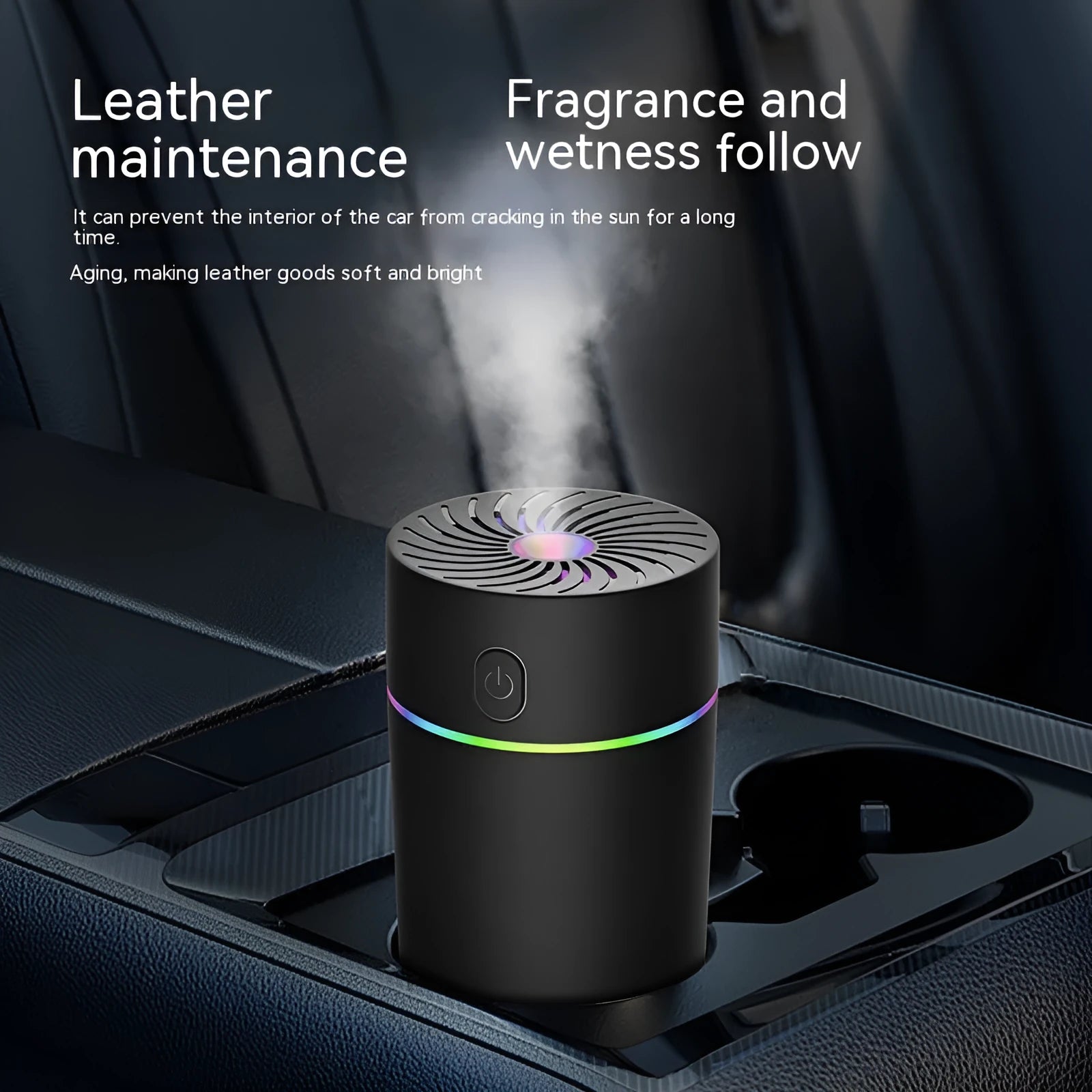 Compact white car USB mini humidifier with aromatherapy function positioned in vehicle cup holder