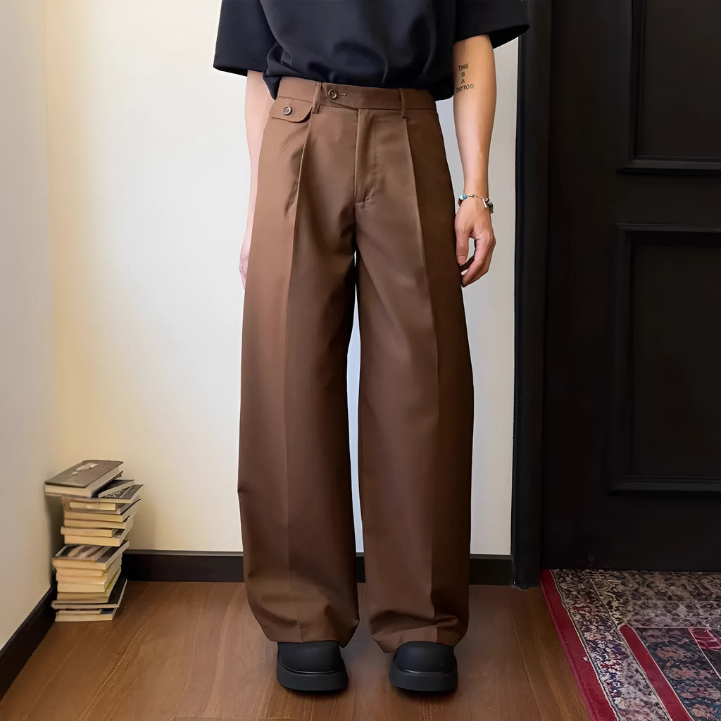 Men's straight-leg casual trousers in black or brown with wide-leg cut
