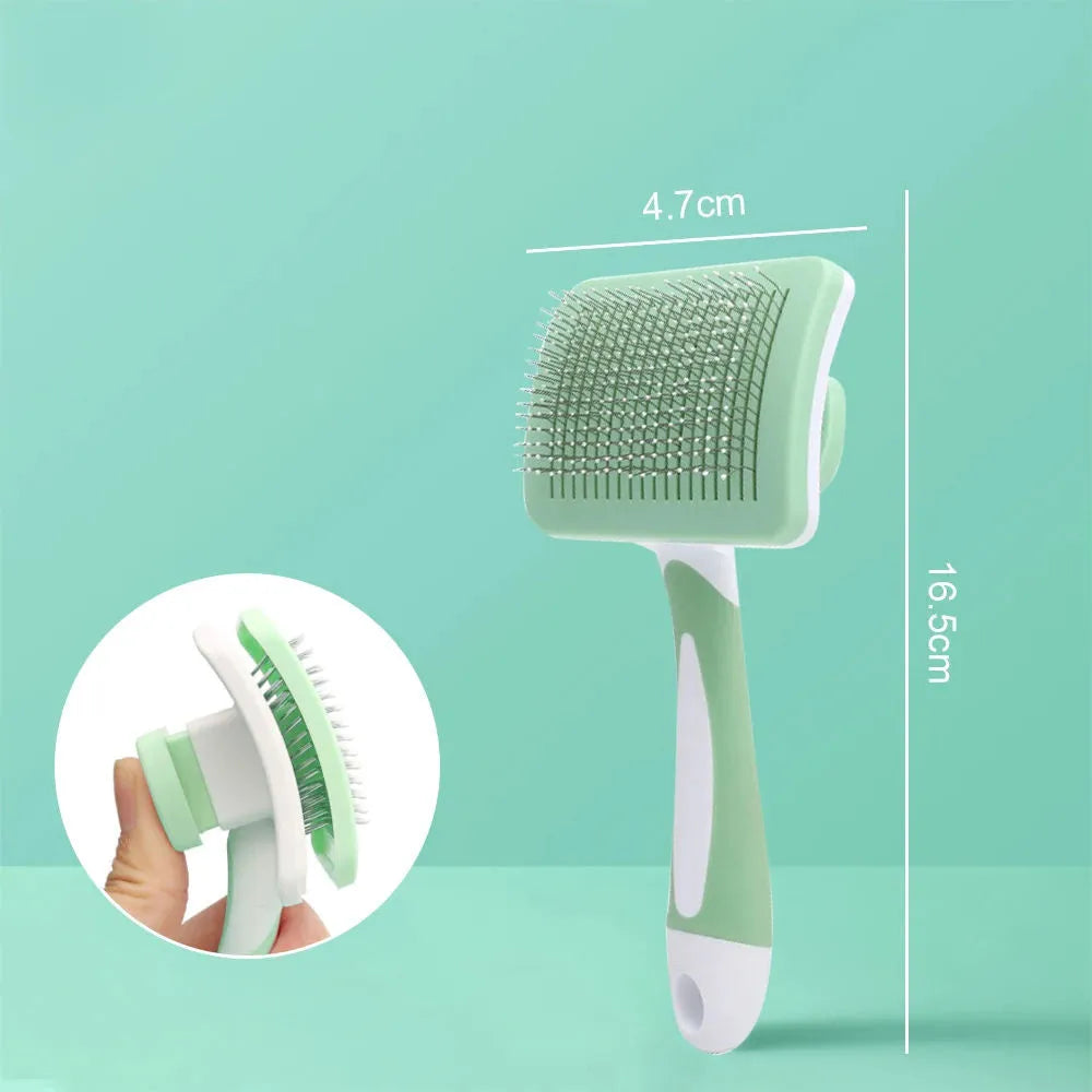 Self-cleaning slicker brush for dogs and cats with one-click hair removal button, available in green, orange, and pink
