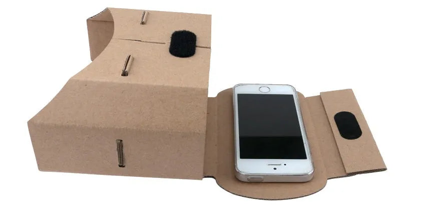 Corrugated paper 3D virtual reality glasses for smartphones on a table