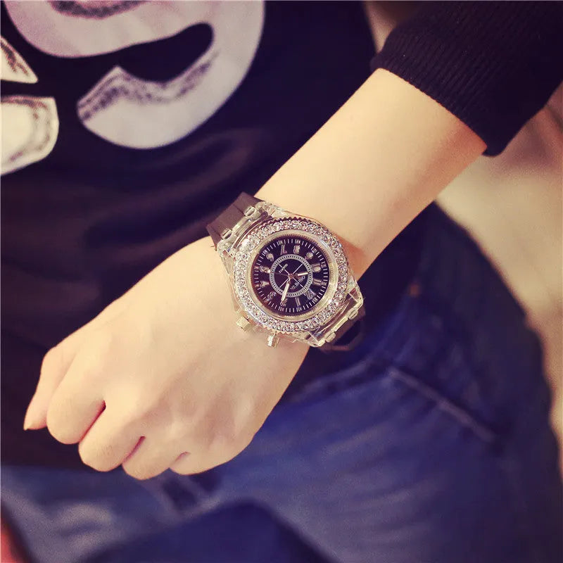 Geneva women's luminous quartz watch with round 43mm dial and silicone bracelet