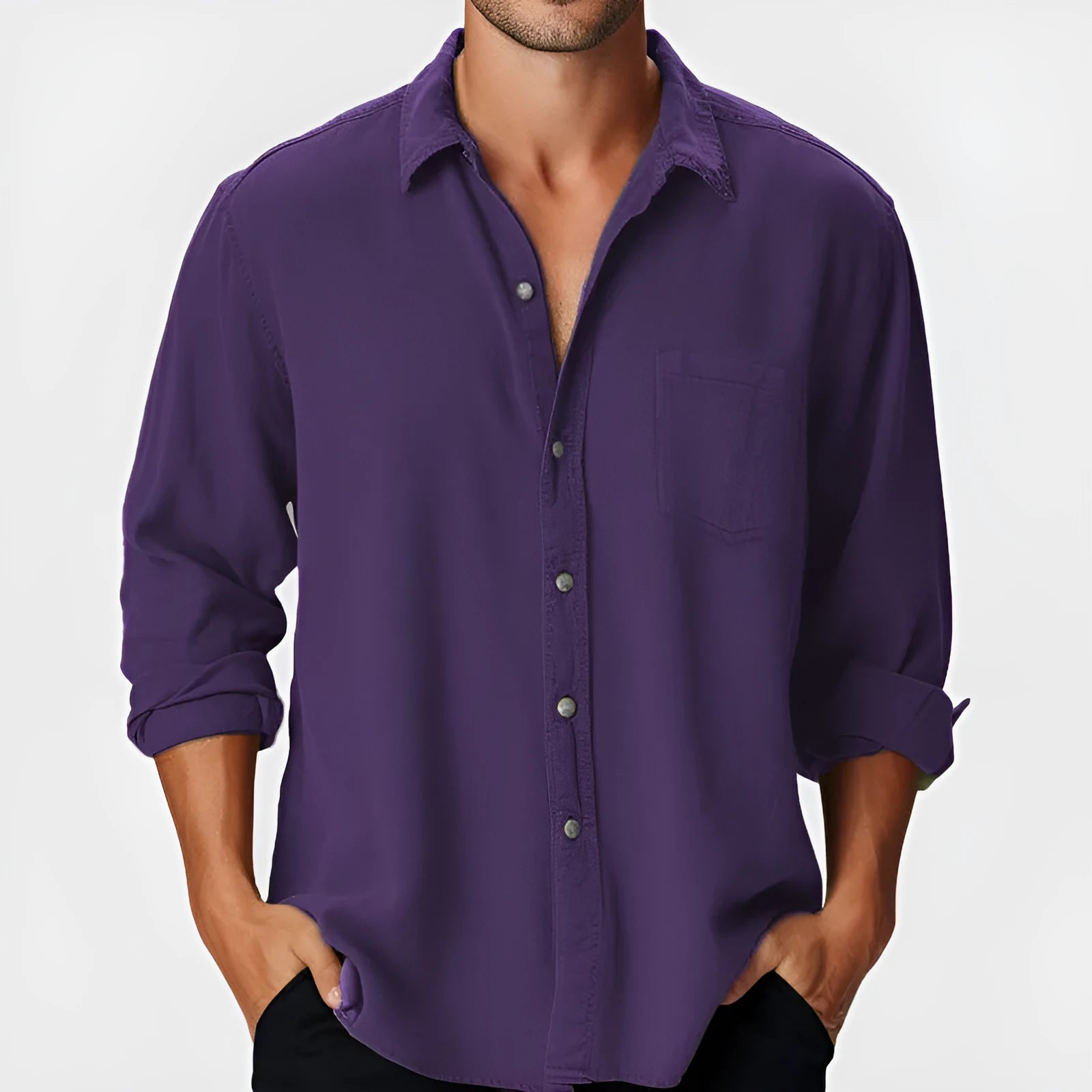 Men's loose fit polyester holiday shirt with stand collar and long sleeves in various colour options