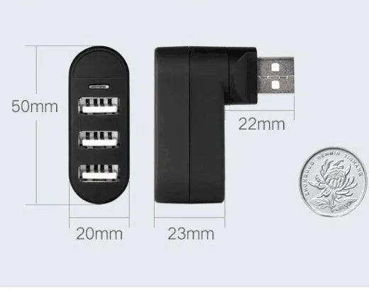 Black and white USB 2.0 hub splitter, a multi-port expansion hub for computers and laptops.