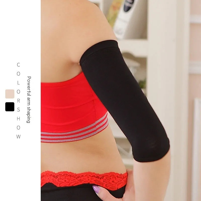 Pair of women's black shaping arm sleeves made from nylon fabric for upper arms.