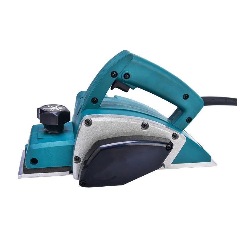 Red electric wood planer with aluminum body for carpentry and workshop use