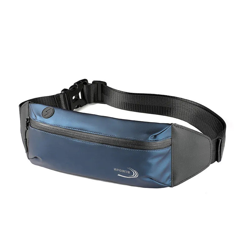 Blue waterproof polyester waist bag for men, shown on a waist, with adjustable strap.