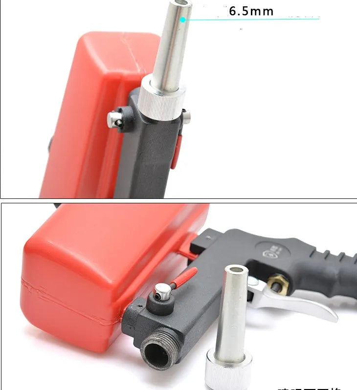 Portable blue pneumatic sandblasting gun with hose connector and 6.5mm nozzle.