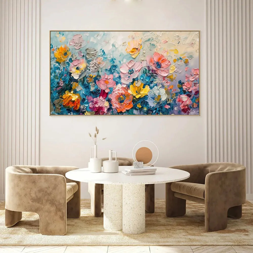 Handmade handpainted oil painting on canvas with rose flower subject horizontal modern style
