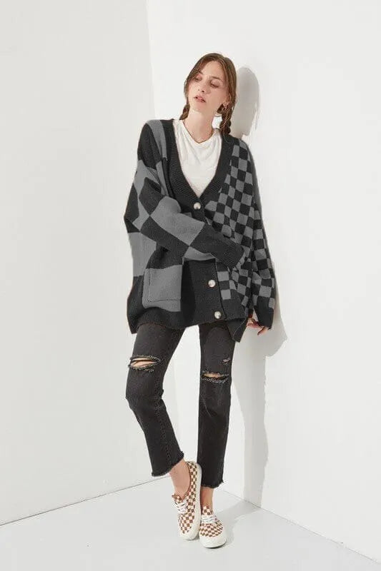 Grey loose slim fit checked knit cardigan for women on a hanger
