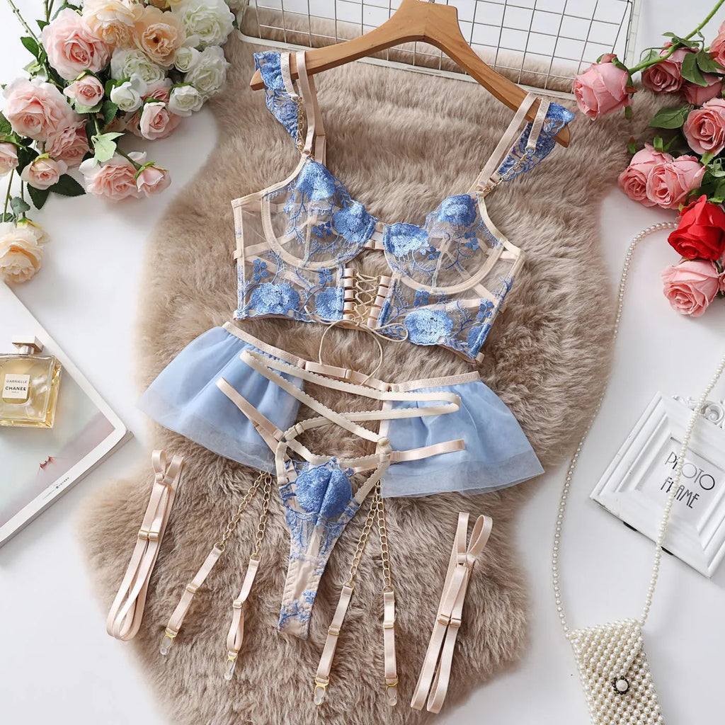 Light blue embroidered lace push-up bra and pants set with mesh detailing
