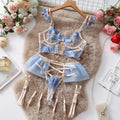 Light blue embroidered lace push-up bra and pants set with mesh detailing