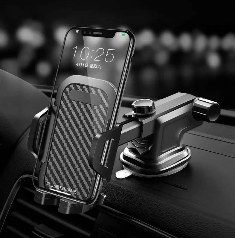 Black universal car phone holder mounted on a dashboard, gripping a large smartphone.
