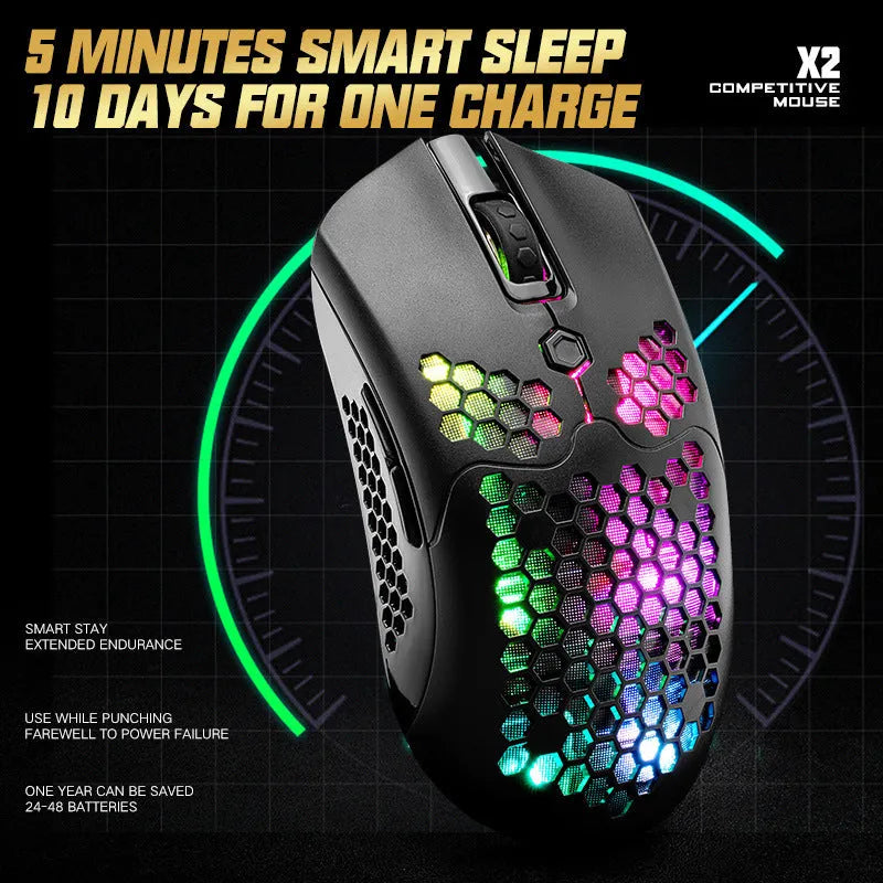 Free Wolf X2 wireless gaming mouse in five colour options showing RGB lighting and ergonomic design