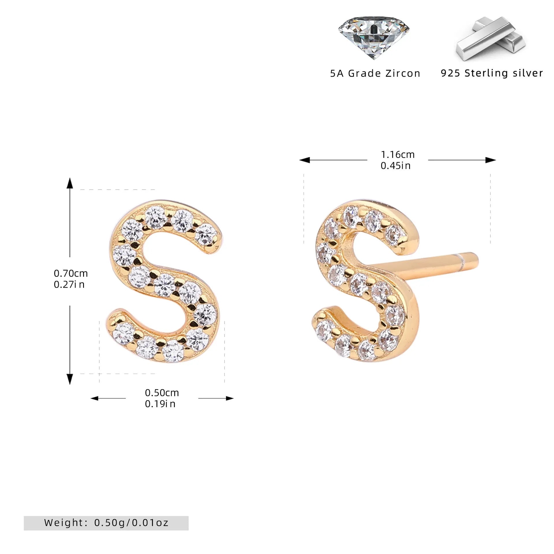925 silver letter ear stud with electroplated gold finish, alphabet motif