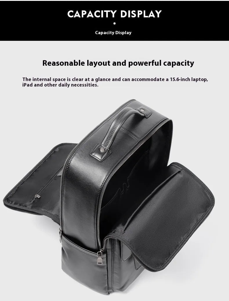 Men's black leather computer backpack with woven detailing and substantial 36-55 litre capacity