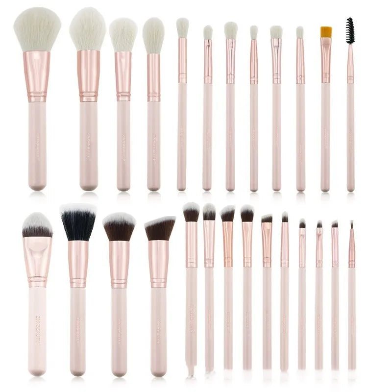 26 pink makeup brushes with wooden handles and wool heads, presented with a PU storage bag.