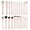 26 pink makeup brushes with wooden handles and wool heads, presented with a PU storage bag.