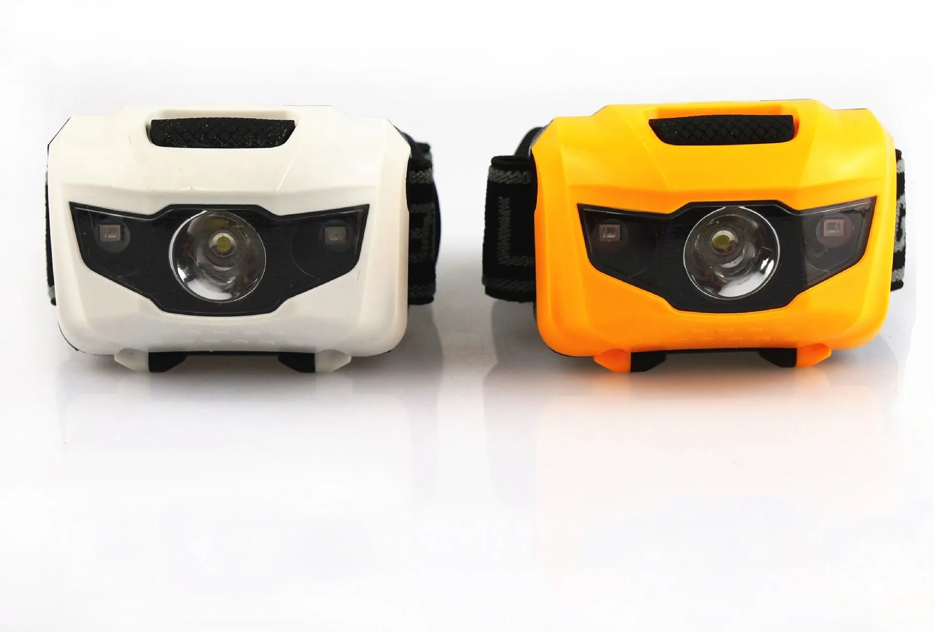 Head torch with adjustable strap showing white and red LED lights, waterproof housing
