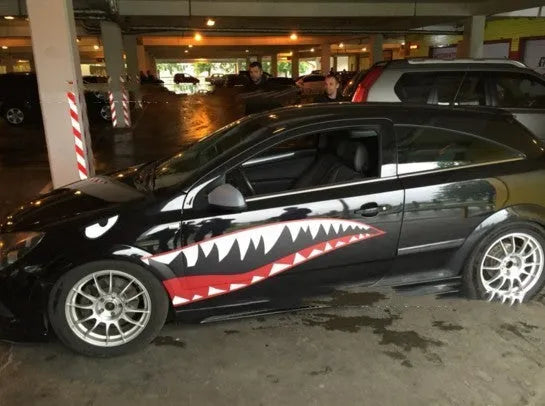 Large shark design PVC car body sticker showing two size options for vehicle doors