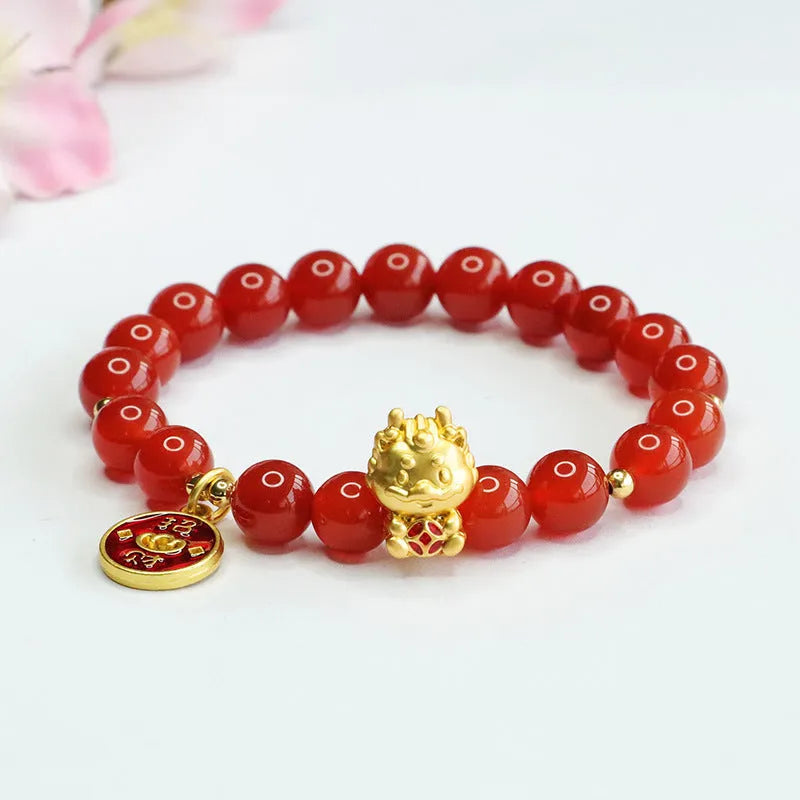 Red agate Chinese zodiac dragon bracelet with 8mm round beads