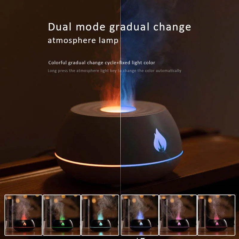 Flame humidifier aromatherapy diffuser with 7 colour night light, 130ml USB, in black
