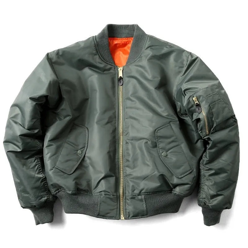 Men's loose-fit cotton-padded pilot jacket in Army Green, shown with double-sided wear-resistant nylon construction.