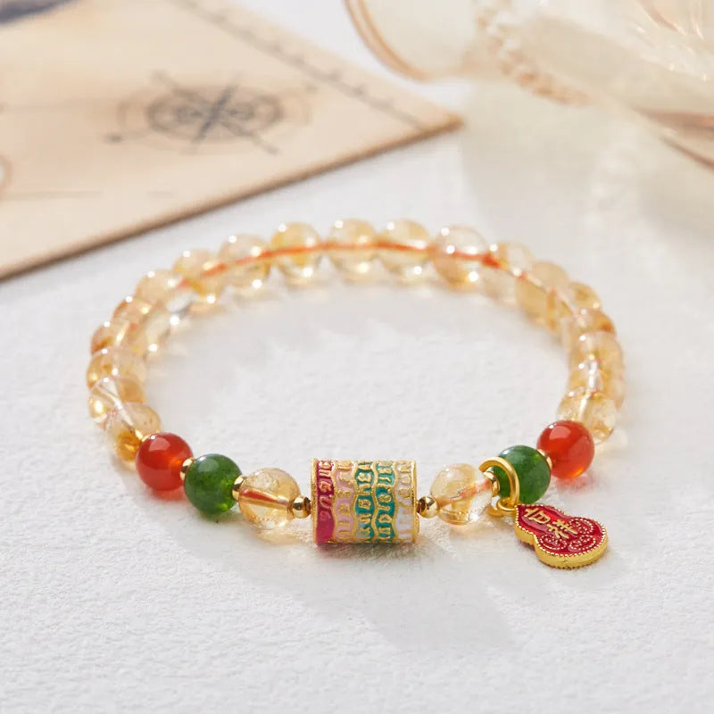 Hand-woven citrine crystal bracelet with geometric five-warp pattern and 6mm beads