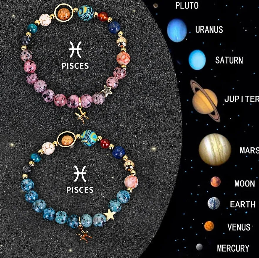 Two natural stone beaded bracelets with elastic cords, showing zodiac sign style options.