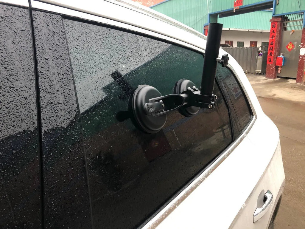 Black off-road vehicle flagpole sucker base with round suction cup and rubber disc