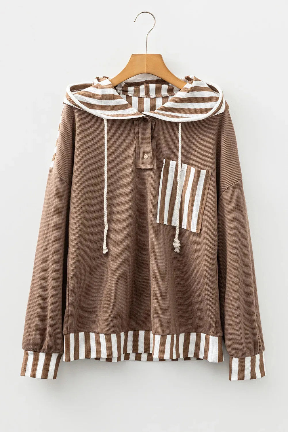Straw yellow waffle texture hoodie with striped patchwork design and button neck