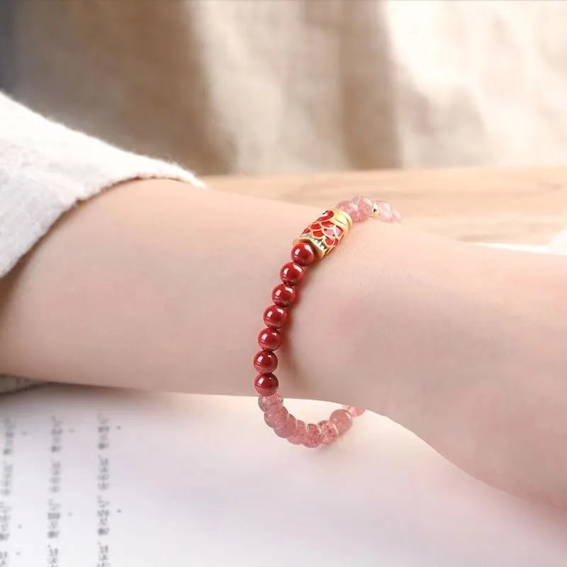 Purple cinnabar and strawberry quartz beaded bracelet with retro design for women.