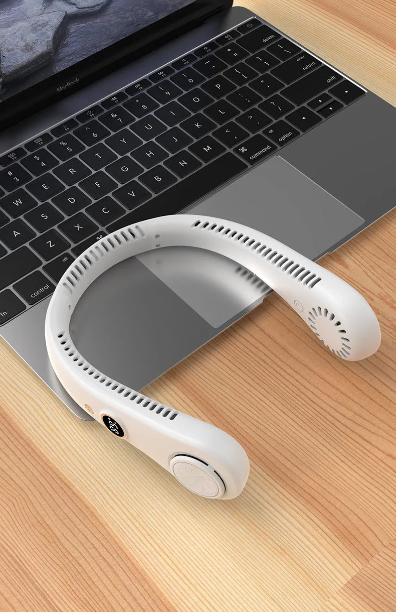 White USB charging bladeless neck fan with adjustable wind speed settings