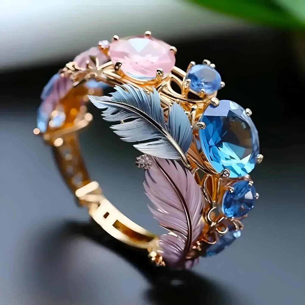 Gold-coloured geometric brass ring with an embossed colourful feather design and zircon inlay.