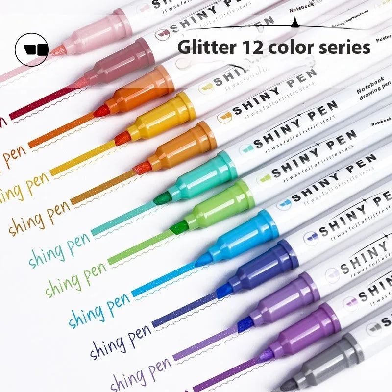 Set of four glitter highlighter pens with decorative Star River design on blue plastic shells, showing slanted tips.