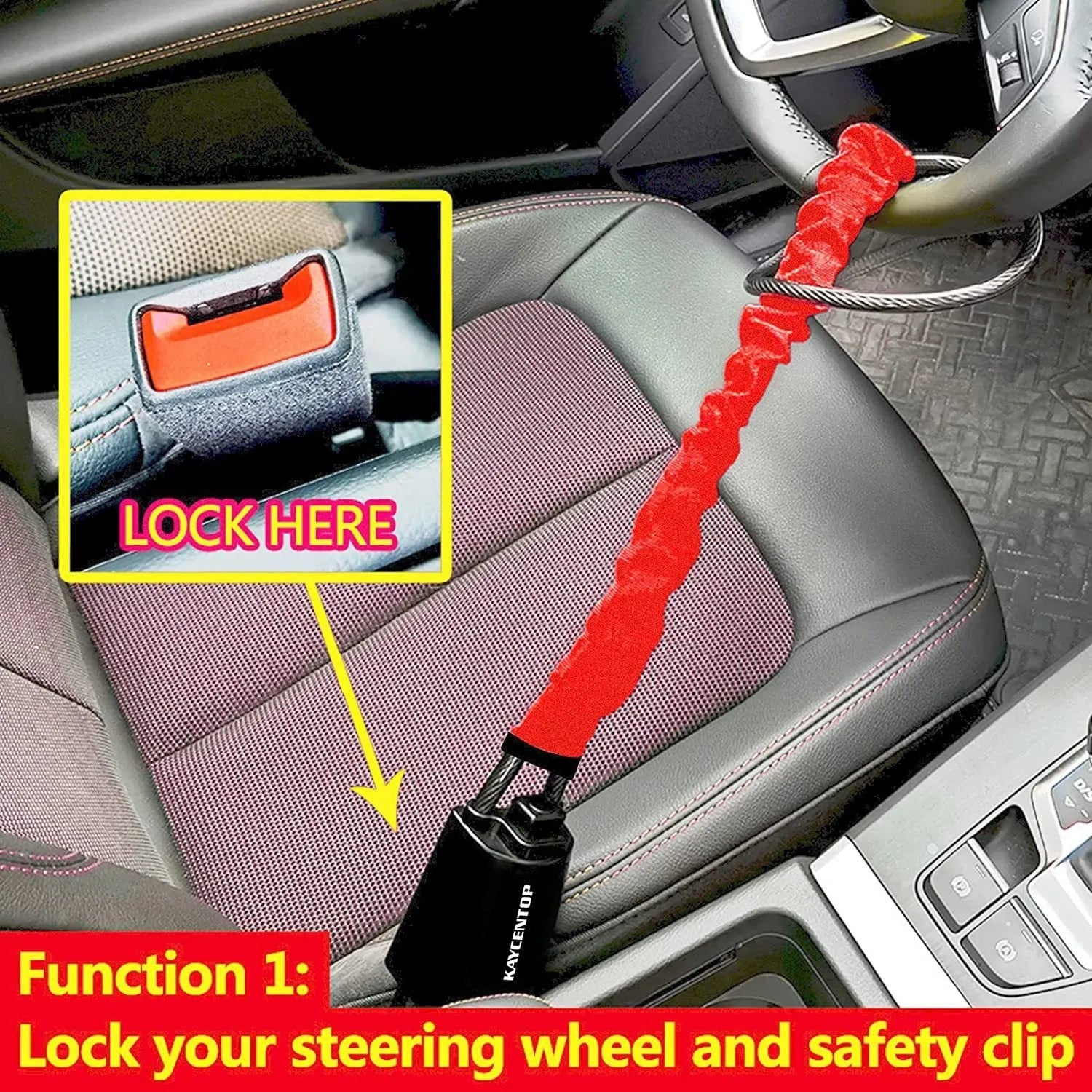 General Motors car steering wheel wire rope lock in red colour showing iron construction