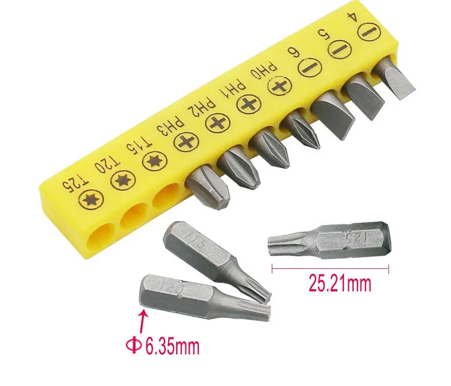 L-shaped socket wrench handle with ten double-headed drill bits and sockets on work surface