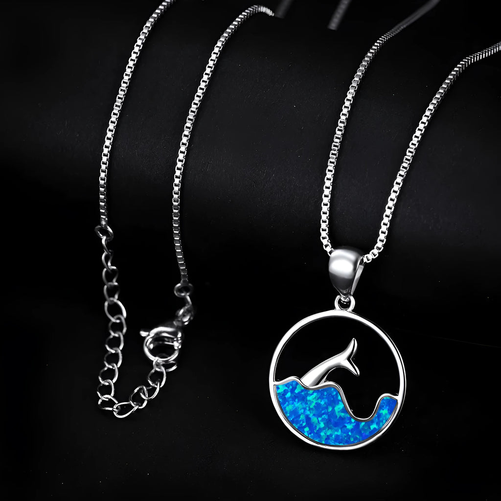 Copper electroplated fishtail necklace with round genuine opal pendant in blue or white colour