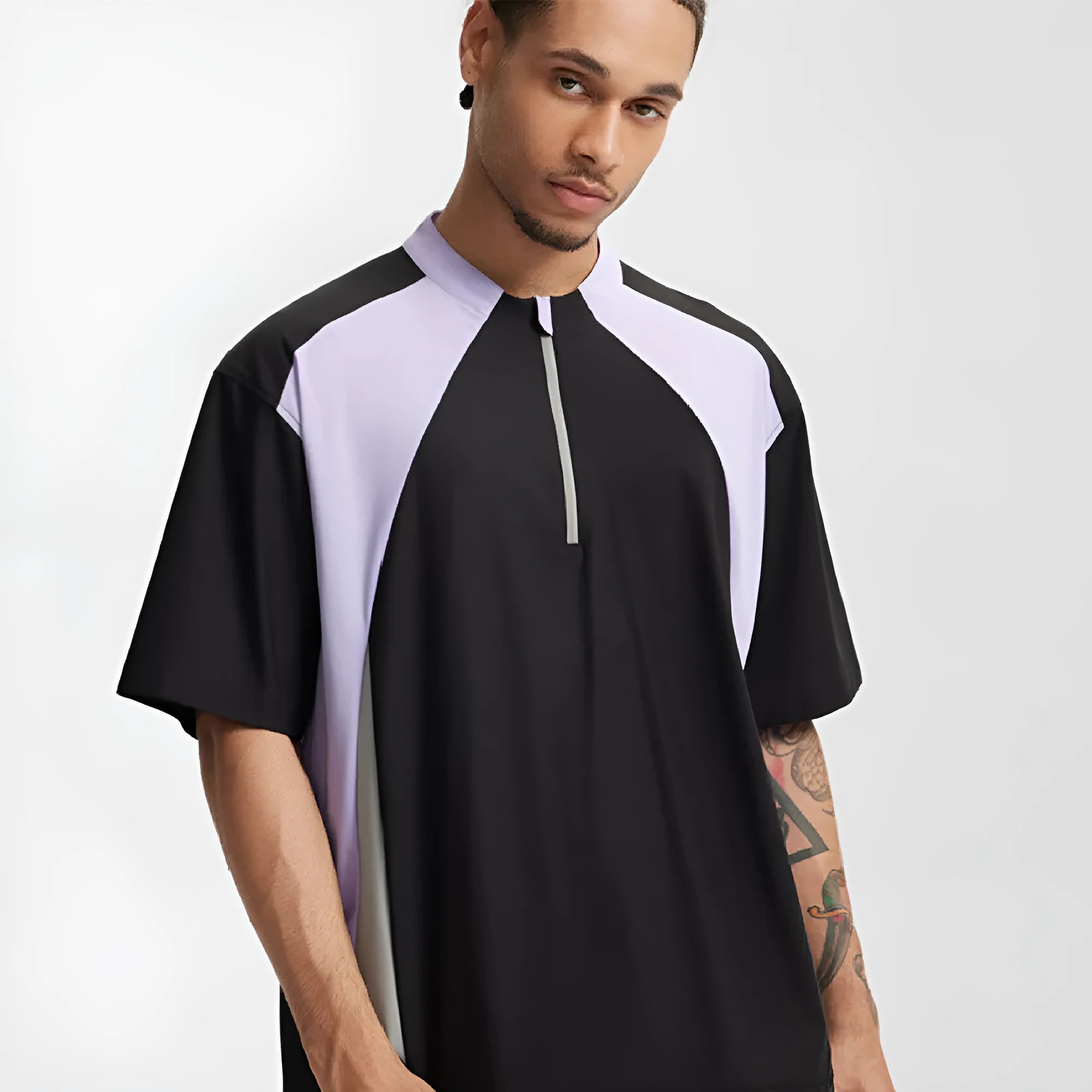 Men's lightweight solid colour polyester top shown in black and beige, available in long sleeve and short sleeve styles.